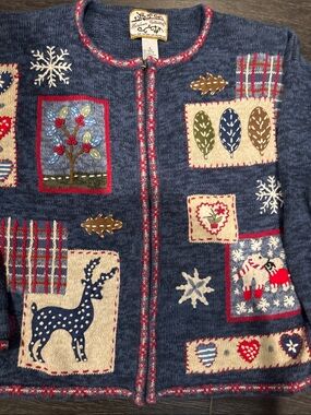 Blue Patchwork Holiday Cardigan Sweater - J. Jill
